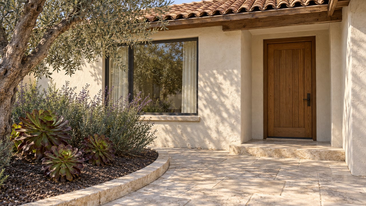 Sunlit stucco home entry with a wood door, terracotta roof tiles, limestone approach and sculptural olive tree.