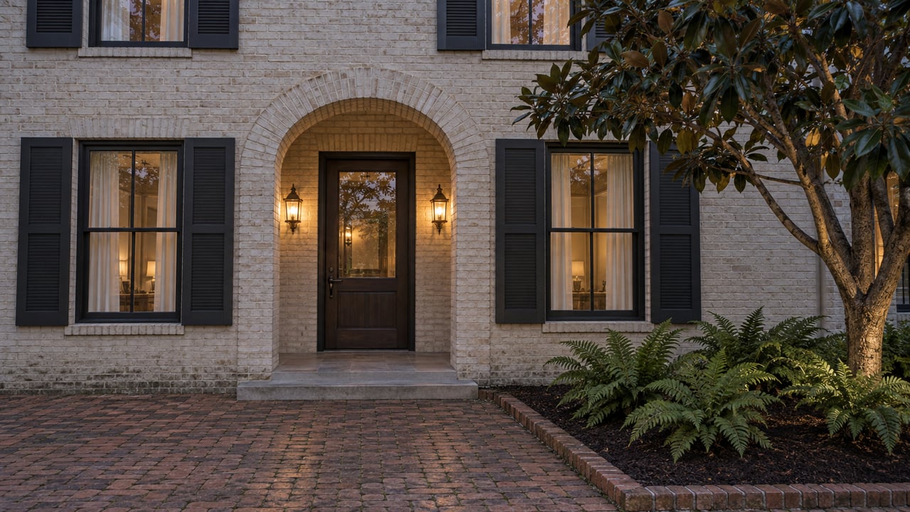Light-painted brick residence with an arched oak entry, matched windows, warm sconces, and a magnolia beside a brick courtyard walk.