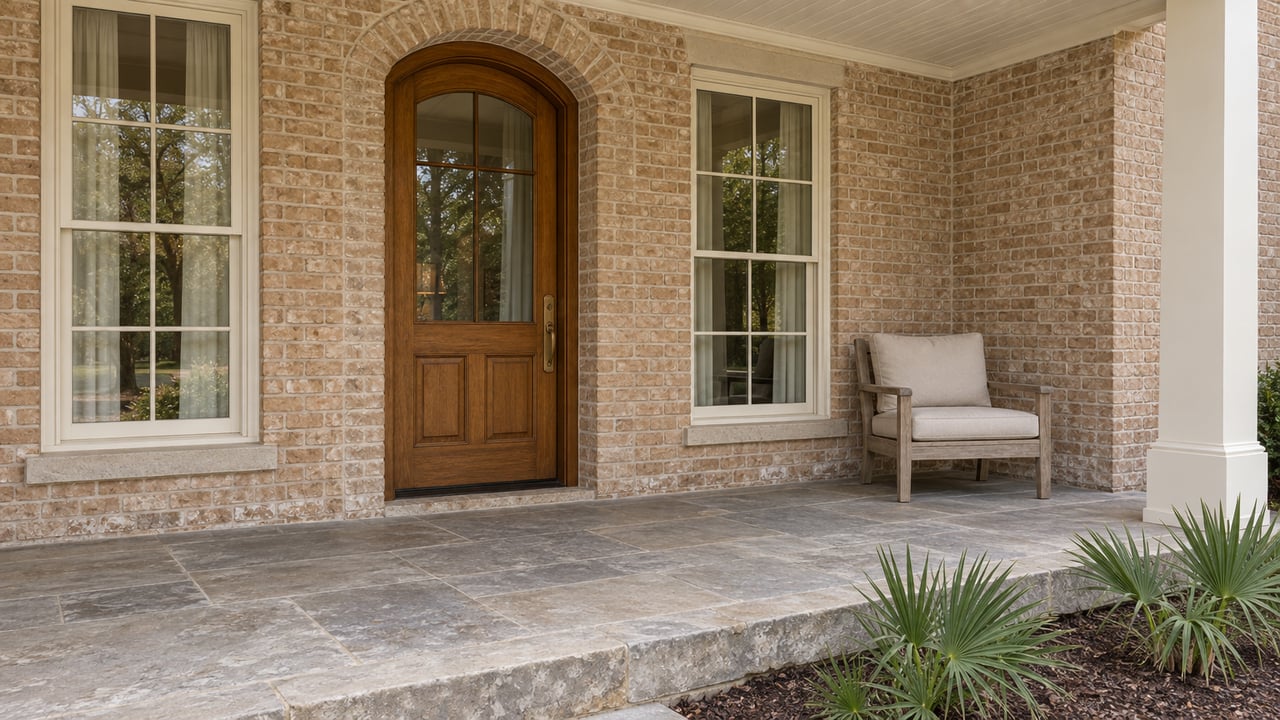 Covered brick-home porch with an arched timber entry, paired tall windows, limestone floor and a teak chair beside dwarf palmettos.