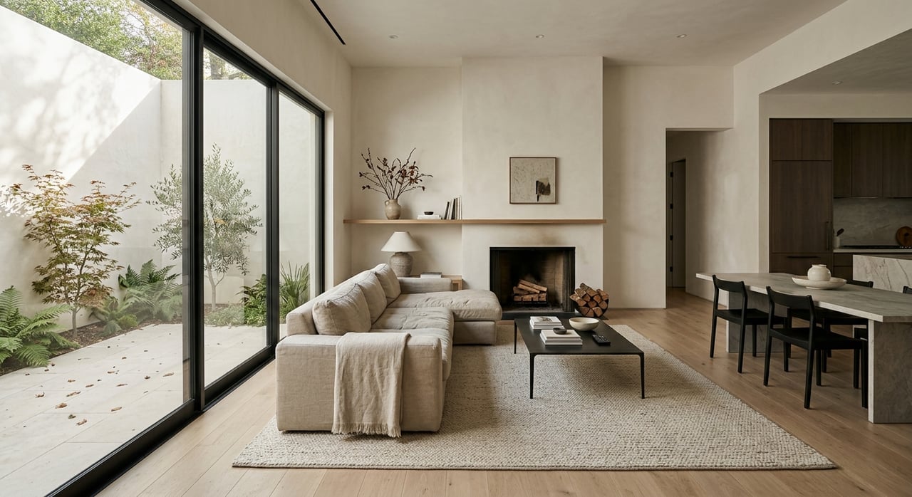 Modern great room with oak floors, a neutral sofa, and black-framed windows overlooking a planted courtyard.