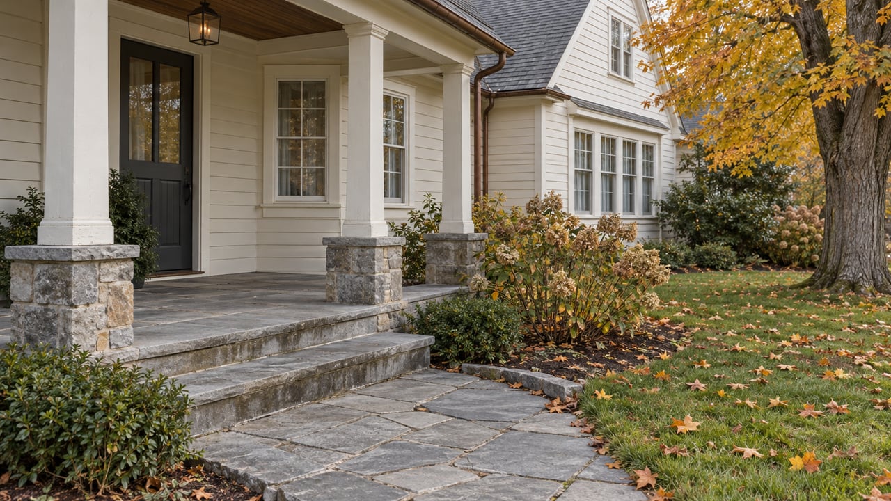 Cream clapboard home with a sheltered stone porch, glazed charcoal door, amber maple and dry hydrangea flower heads.
