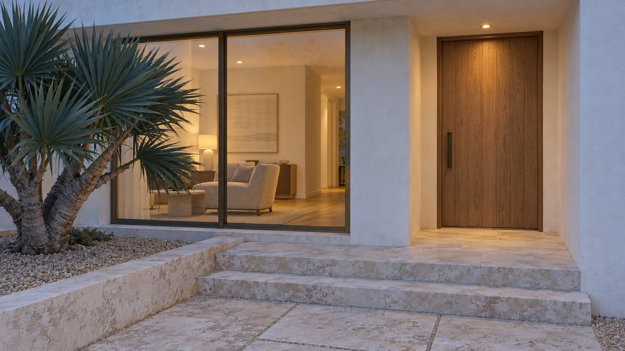 Blue-hour view of a sheltered oak entry and warmly lit window in a pale stucco home, with limestone steps and a sculptural fan aloe.
