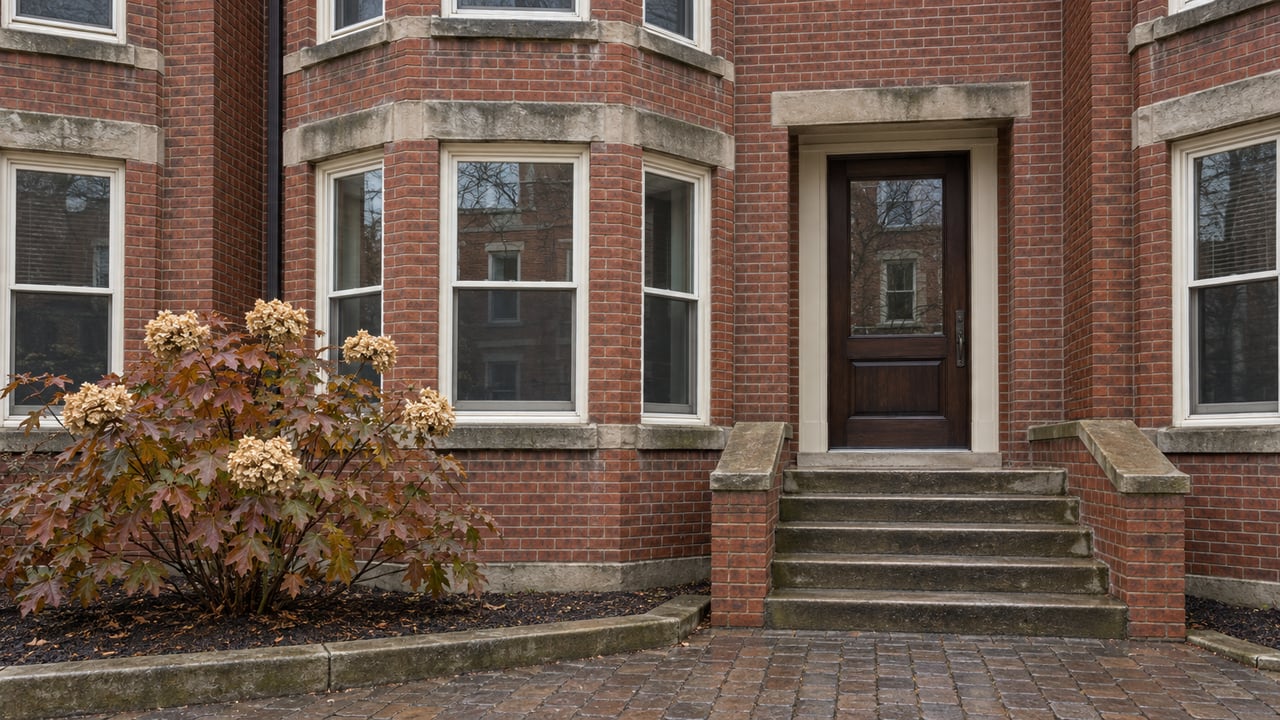Red brick rowhouse bay windows and recessed oak entrance above worn sandstone steps, with oakleaf hydrangea beside a clay-paved approach.
