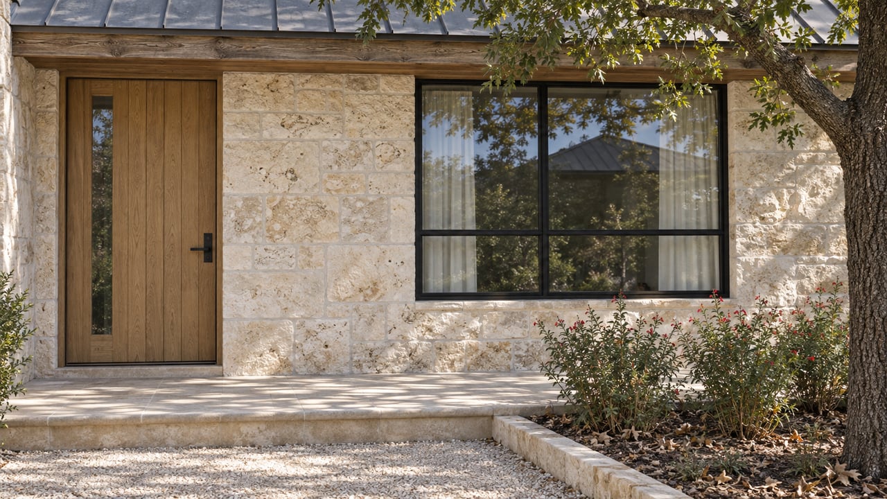 Pale limestone entry with an oak door, black-framed window and a shaded stone landing beside red-flowering salvia.