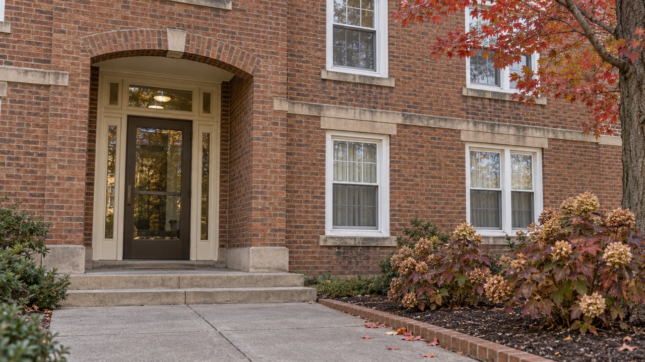 A brick condominium entrance with limestone steps, white-framed windows and muted autumn foliage beside a concrete approach.