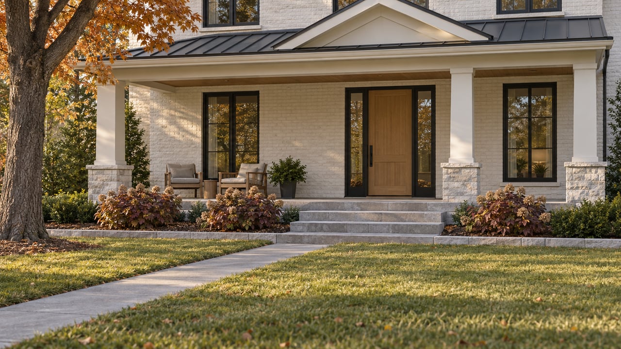 Painted-brick home with a limestone porch, oak front door and copper-orange maple beside a broad lawn approach.
