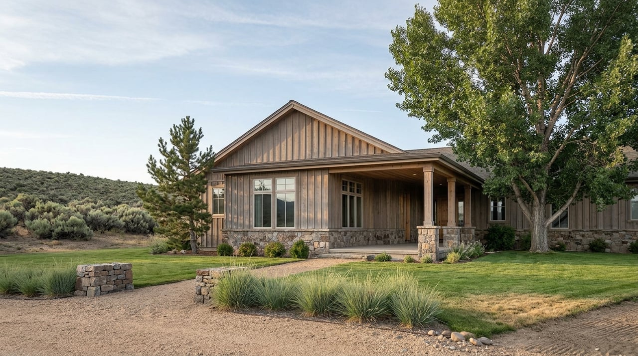 Single-story ranch home with timber-post porch, gravel path, ornamental grasses, and a broad cottonwood tree.