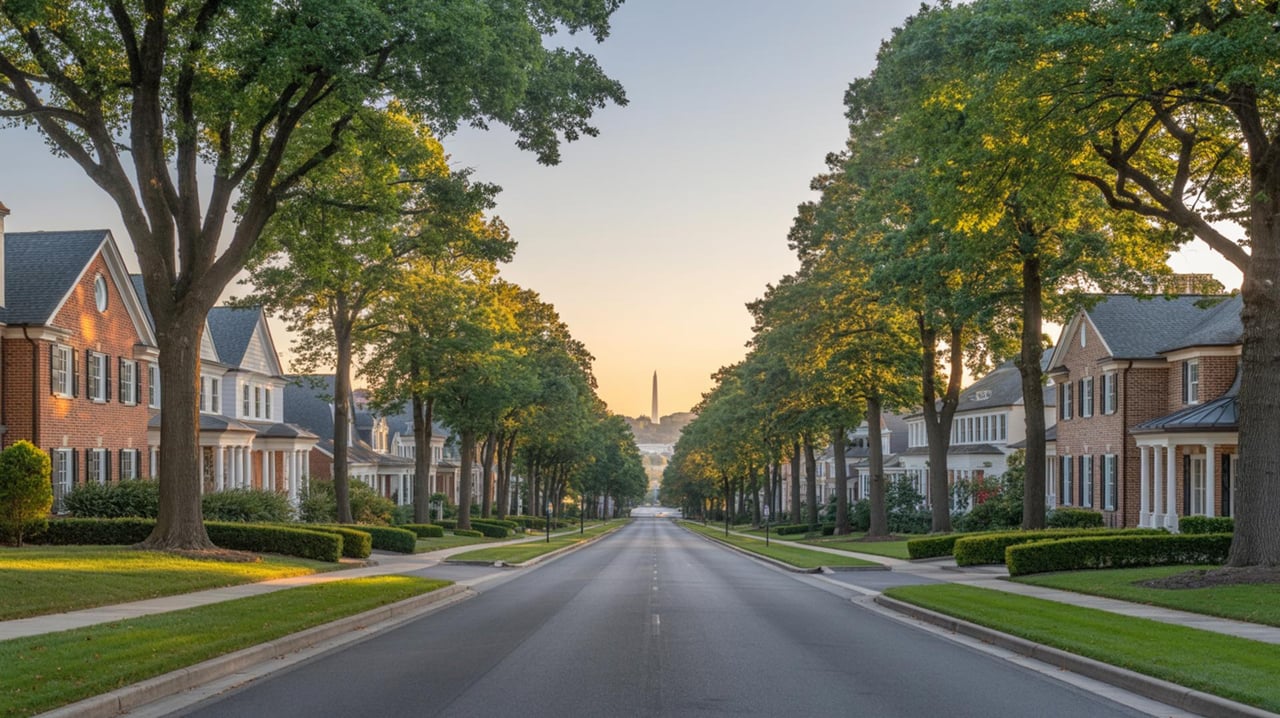 Tree-lined residential street with brick houses and a distant obelisk centered at the end of the road.