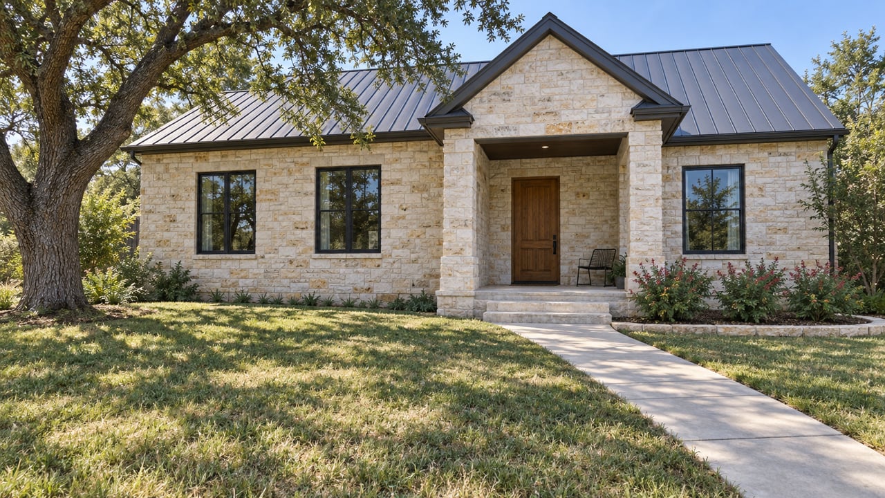 Limestone home with black-framed windows, a covered entry and a deep front lawn shaded by a mature live oak.
