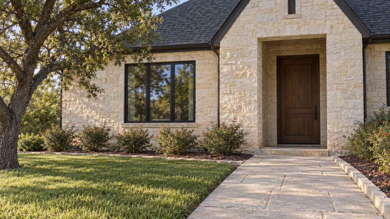 Limestone home entrance with a walnut door, black-framed window, stone approach and mature live oak in soft morning light.
