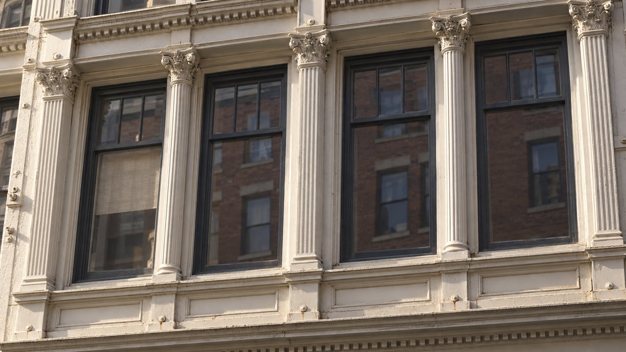 Late-afternoon light catches ornamental off-white cast iron around four tall dark-framed loft windows.