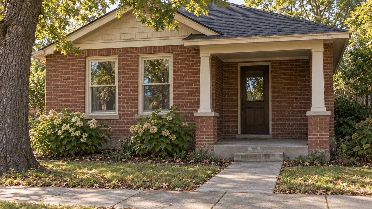 Renovated brick bungalow with a recessed porch, two windows, and an oak tree at the sidewalk.