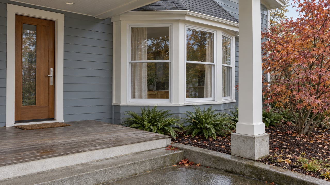 Covered porch with weathered cedar decking, blue-gray siding, enclosed bay windows and copper-red maple leaves beside concrete steps.