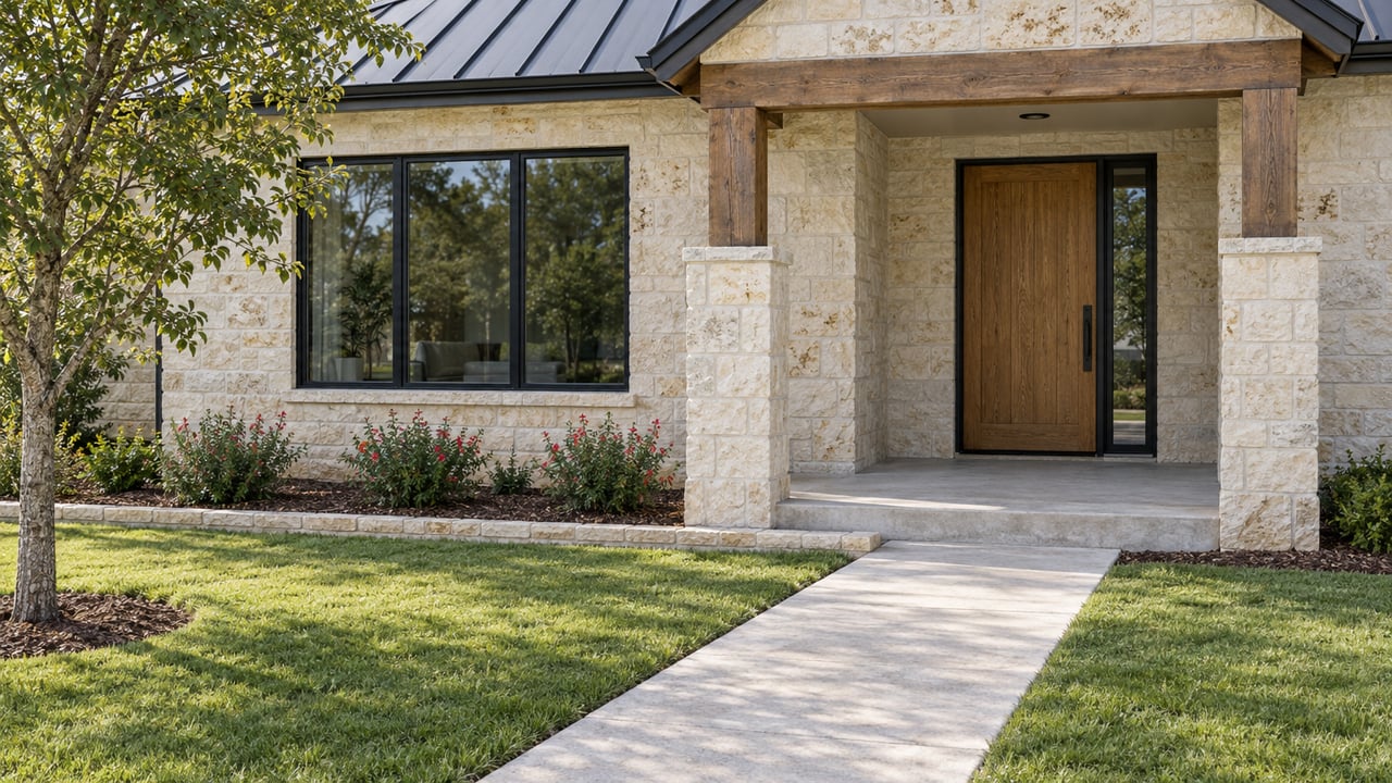 A limestone home with a timber-beamed porch, black-framed windows and a concrete walk crossing a broad lawn.