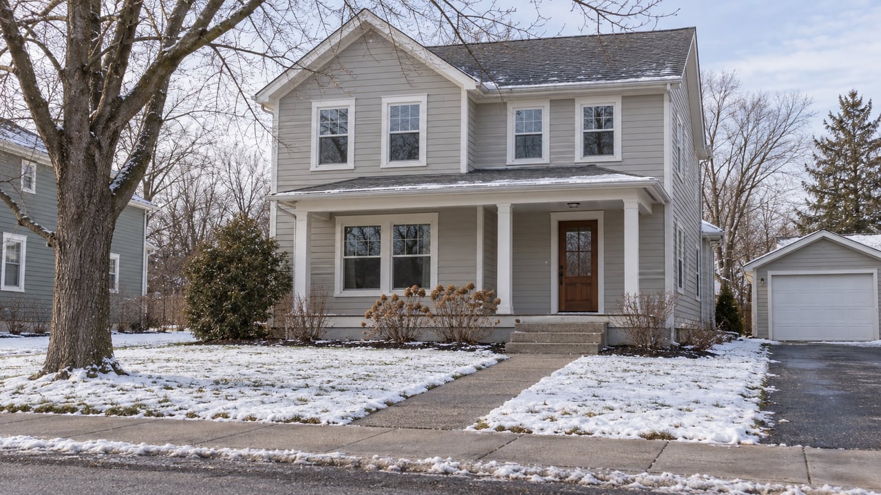 A modest two-story clapboard home behind a lightly snow-covered lawn, with a cleared walk, covered porch and bare sugar maple.
