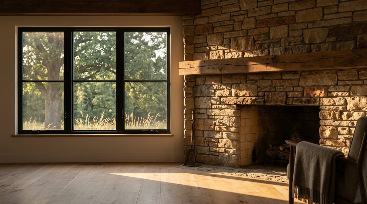Stacked-stone fireplace beside a black steel-framed window, with sunlight falling across the oak floor.