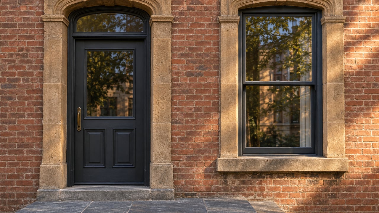Charcoal wood entry door and sash window framed by weathered brown sandstone and red brick, above a blue-gray stone landing.