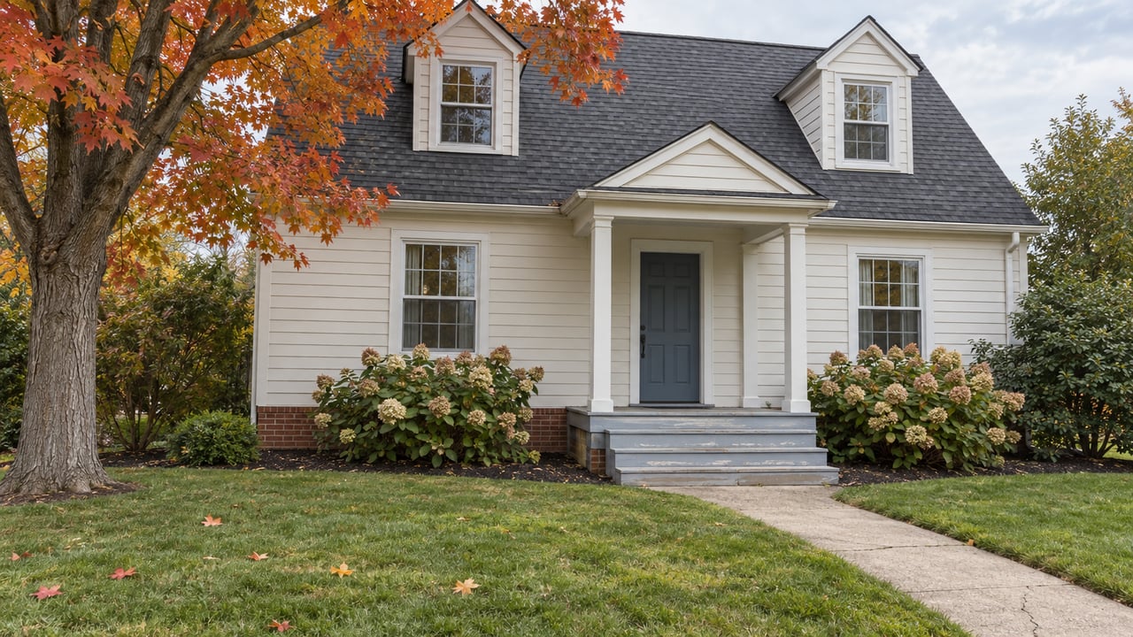 Ivory clapboard home with dormers and a covered porch behind a deep lawn, framed by an orange-red maple and faded hydrangea flowers.