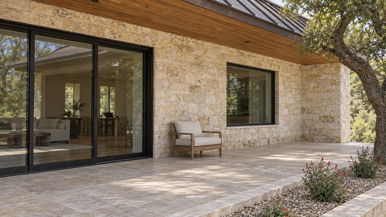 Covered limestone patio with black-framed glass doors, a weathered teak chair, and red-flowering sage beside a mature oak.