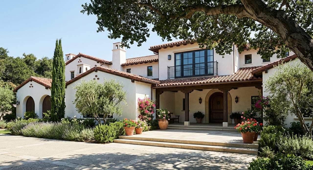 Warm-white Spanish Colonial estate facade with arched loggia, clay-tile roof, and olive trees flanking the entry.