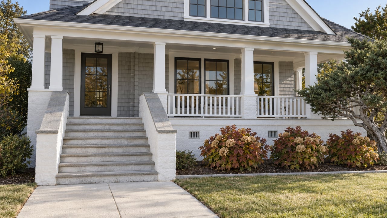 Elevated pale-gray shingle home with a broad entry staircase, covered porch and autumn oakleaf hydrangeas.
