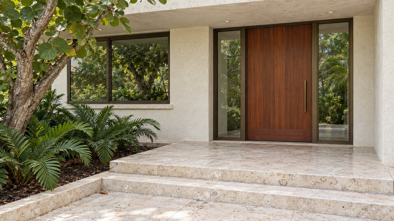 A mahogany entry door with bronze-framed sidelights beneath a deep stucco canopy, approached by weathered limestone steps beside sea grape and coontie planting.