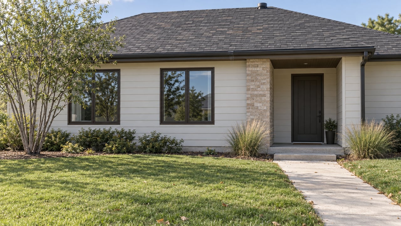 Contemporary house with charcoal shingle roof, off-white siding, brick entry pier, and a concrete walk across the lawn.