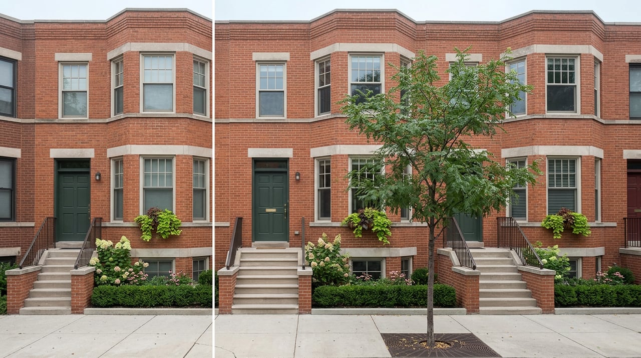 Brick three-flat with bay windows, iron-railed stoop, honey locust tree, and flowering garden.