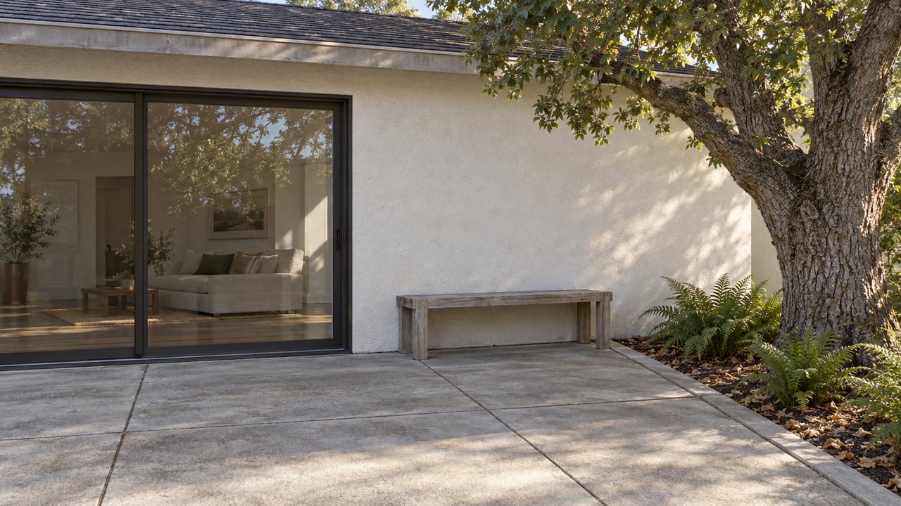 A mature oak shades a concrete patio beside a light-stucco home with closed sliding glass doors and a weathered cedar bench.