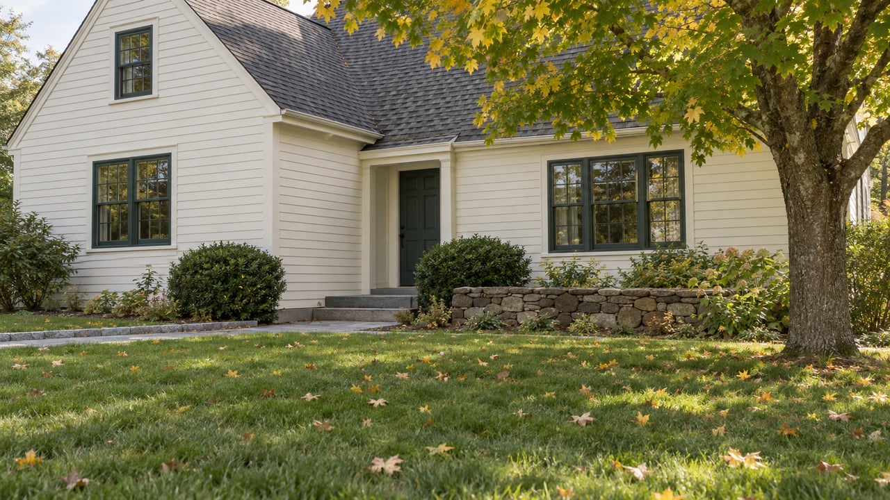 Cream clapboard Cape-style house with dark green windows, a fieldstone wall, and a partly yellow maple beside the lawn.