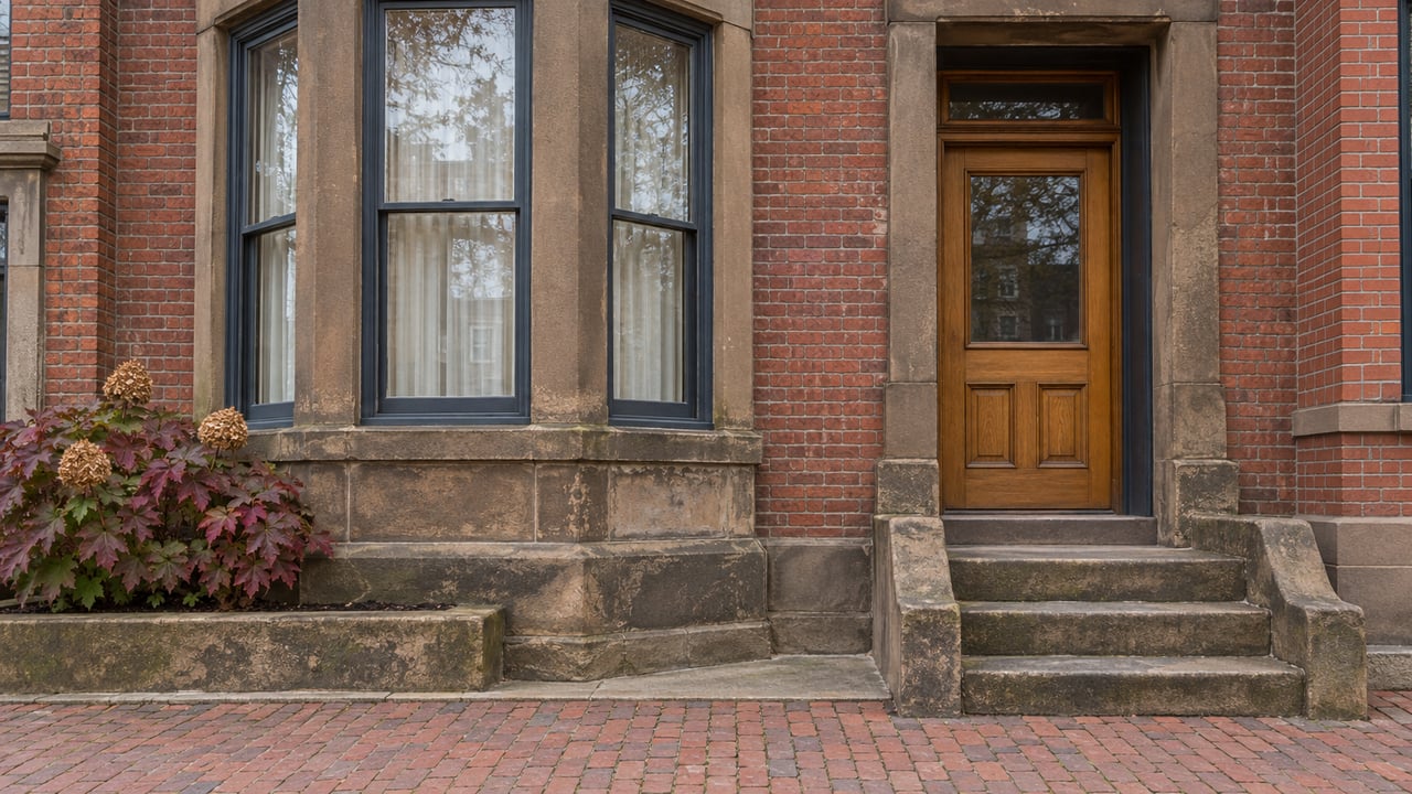 Historic red brick home with tall bay windows, a honey-brown entry door, worn sandstone steps, and burgundy oakleaf hydrangea foliage.