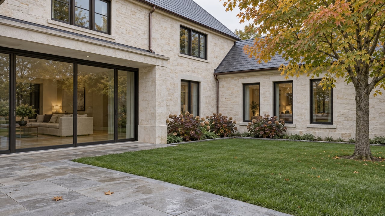 Cream limestone home opening onto a gray stone terrace and lawn, with dark-framed windows and an amber autumn maple.