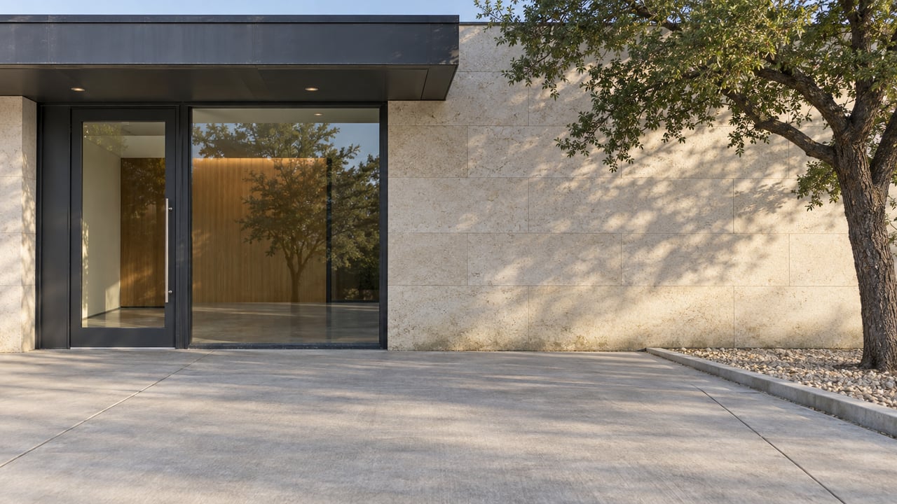 Glass office entrance beneath a dark steel canopy, beside buff limestone and a mature live oak, with a broad concrete approach.