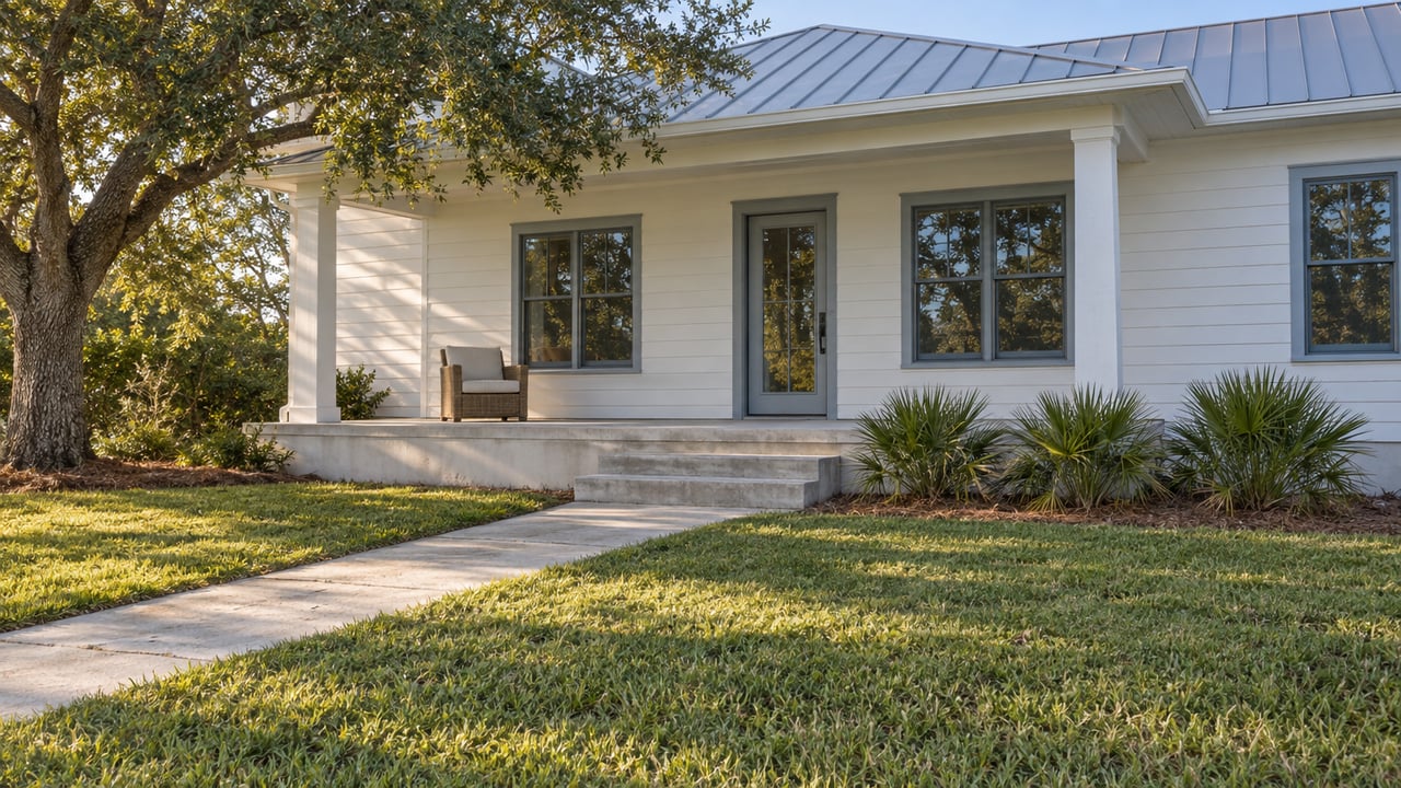 White lap-sided home with a gray metal roof, shaded front porch and broad lawn beneath a mature live oak.