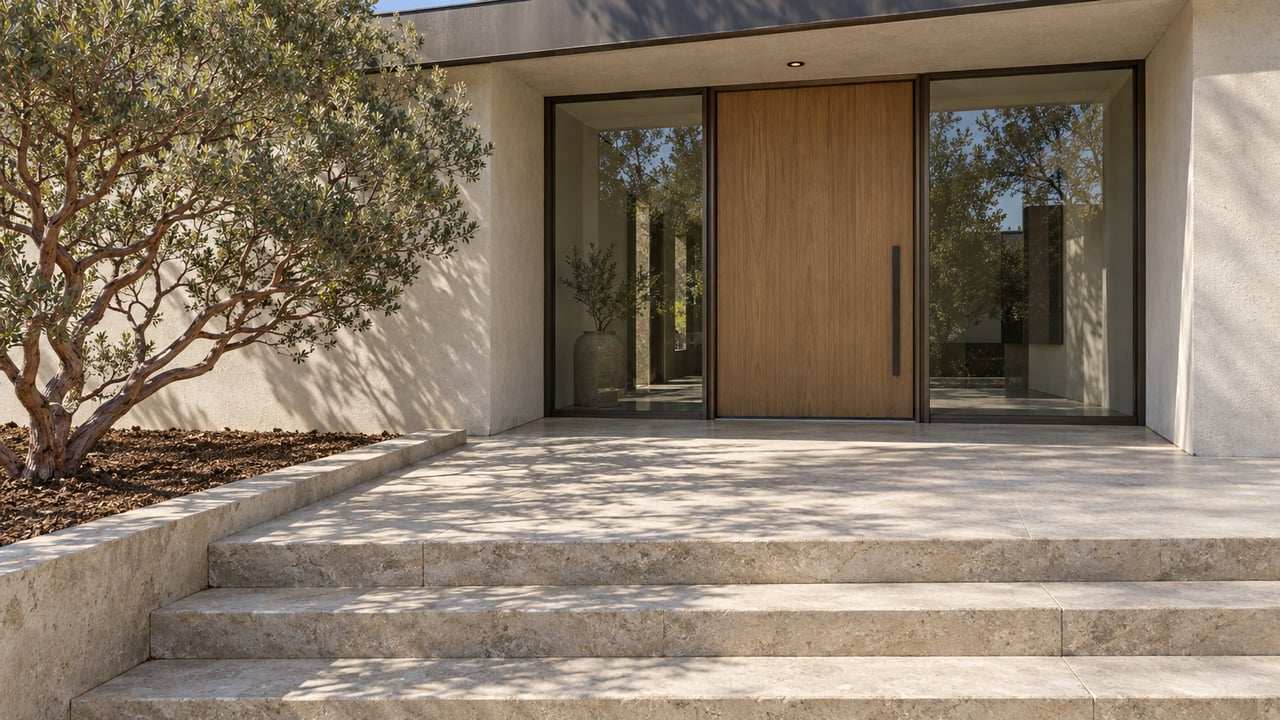 Contemporary estate entrance with cream stucco, an oak pivot door, bronze-framed glass and broad limestone steps beside a sculptural manzanita.
