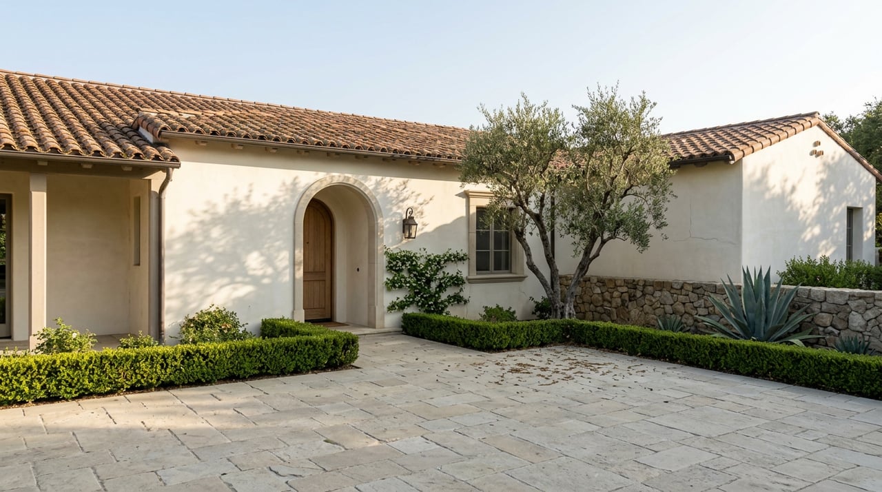 Mediterranean estate entry with an arched doorway, olive tree, boxwood hedge, and limestone motor court.