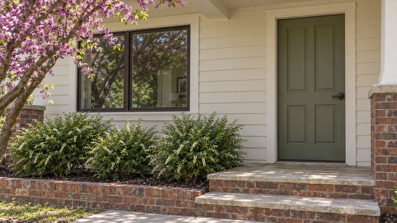 Ivory-sided house entry with a dark window, painted timber door, brick steps, and shrubs in a raised bed.