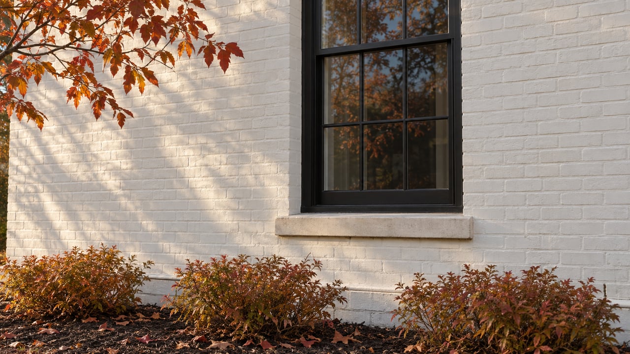 Black multi-pane window in a warm-white brick wall above copper shrubs and fallen red leaves.
