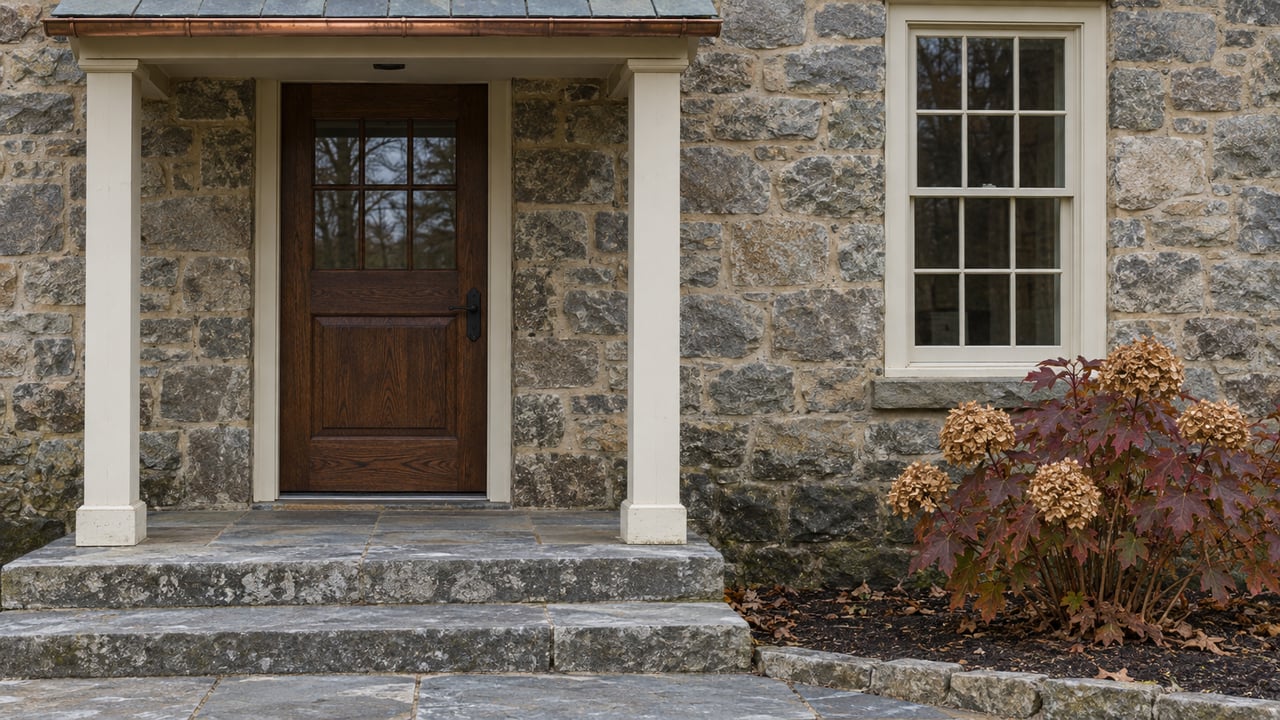 An oak entrance door and cream-trimmed sash window in a weathered fieldstone facade, above bluestone steps beside a late-autumn oakleaf hydrangea.