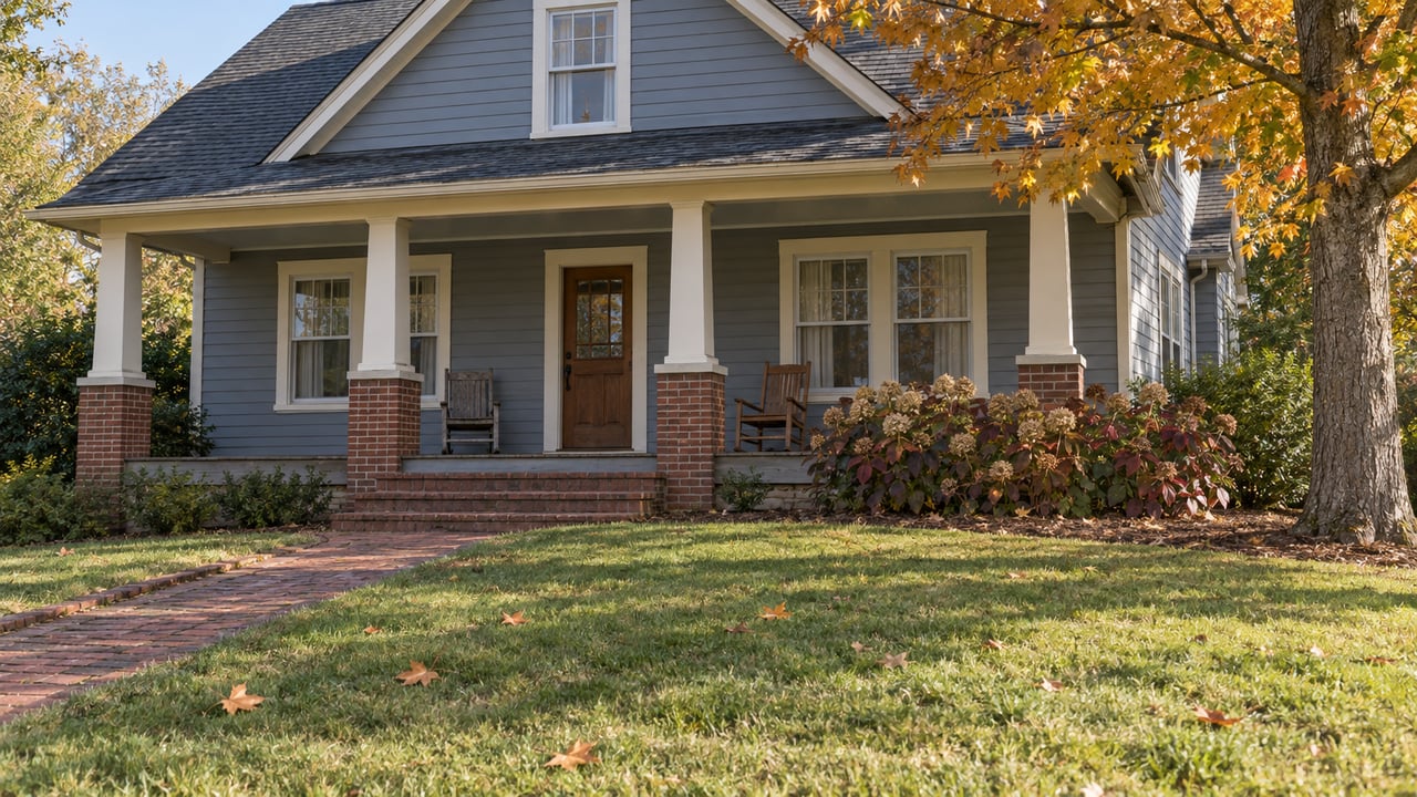 Gray-blue clapboard home with a broad brick-supported porch, deep lawn, and a mature maple turning amber.