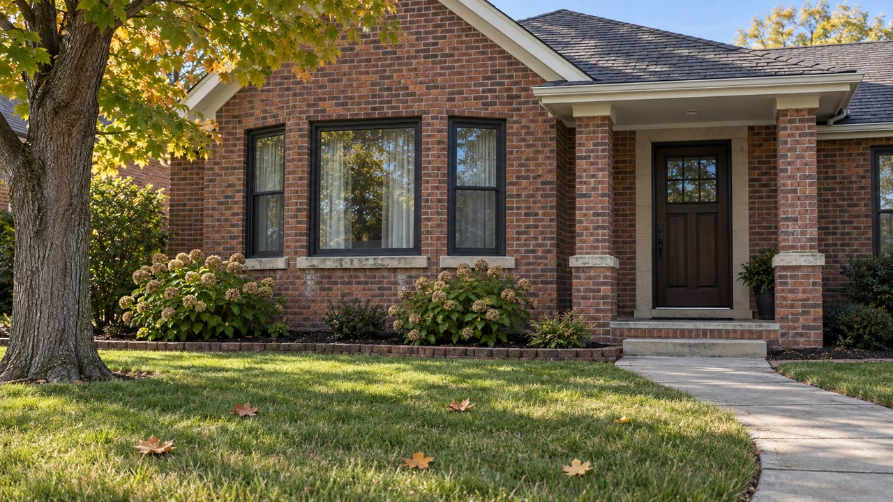Red-brown brick home with a gabled window bay, covered entrance, curved concrete walk, and an early-autumn maple beside the lawn.