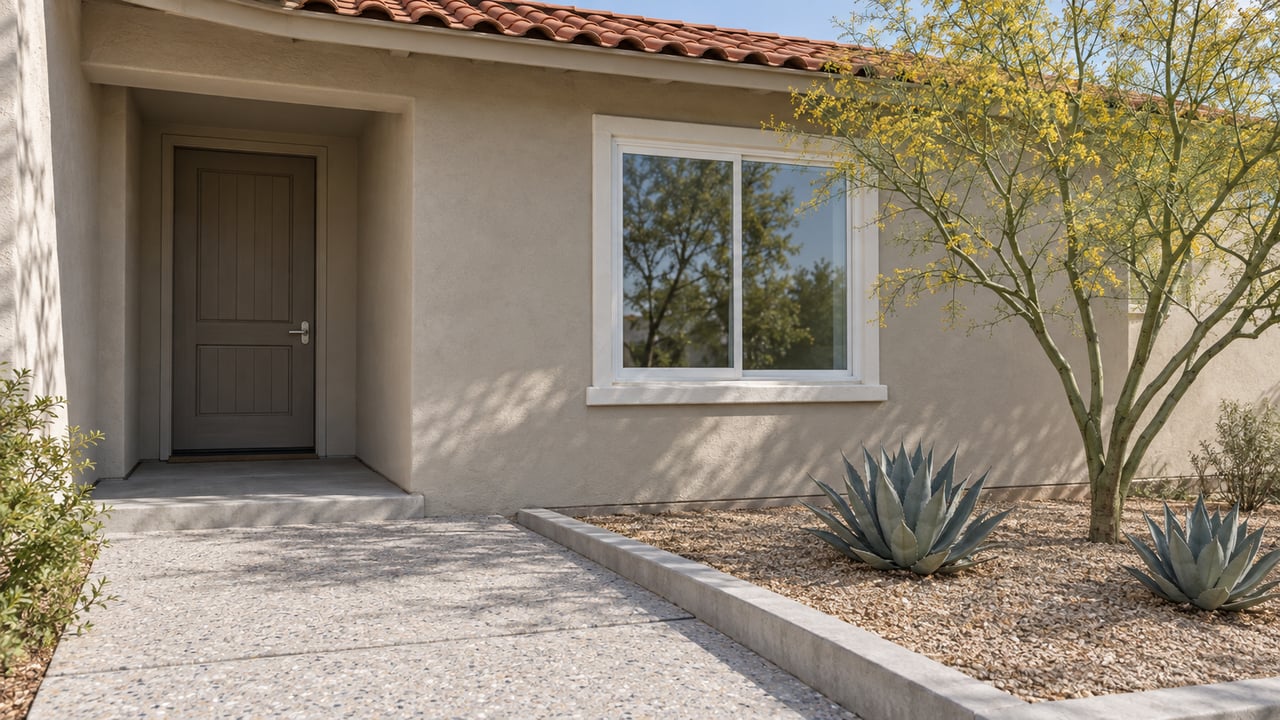 Greige stucco home with a recessed entry, white-framed window, red tile roof, and agaves beside a concrete walk.