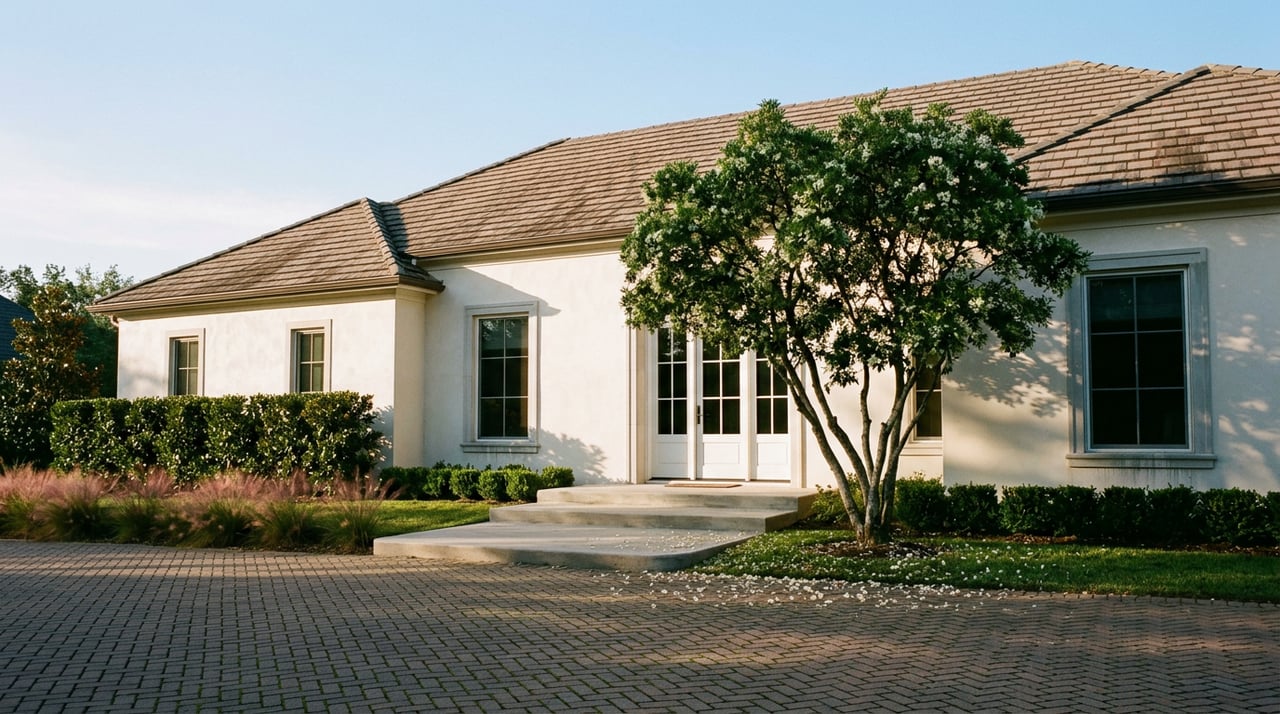 Two-story stucco home with terracotta-gray tile roof, French doors, and a flowering fringe tree beside the entry.
