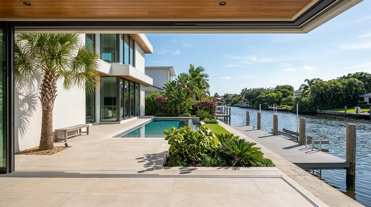Coastal-modern patio leads toward a dock and water in bright sunlight.