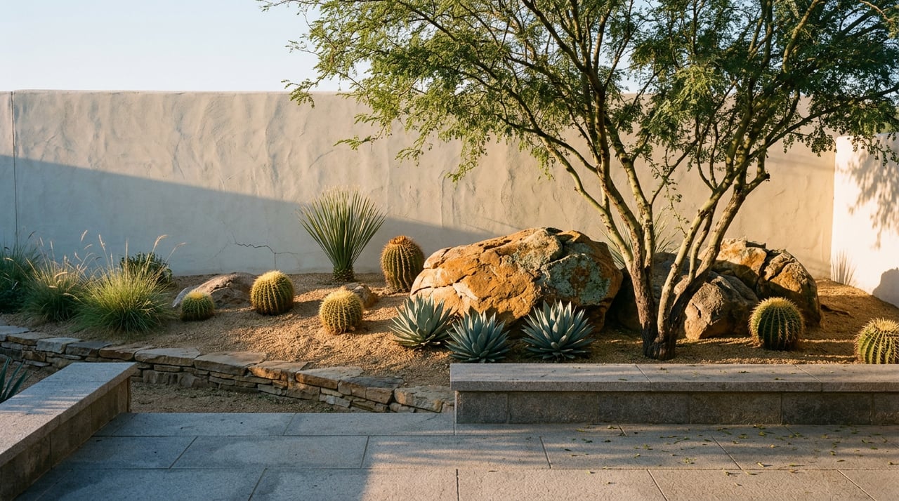 Native desert garden with ochre boulders, blue-gray agaves, barrel cacti, and a multi-trunk tree beside a stucco wall.
