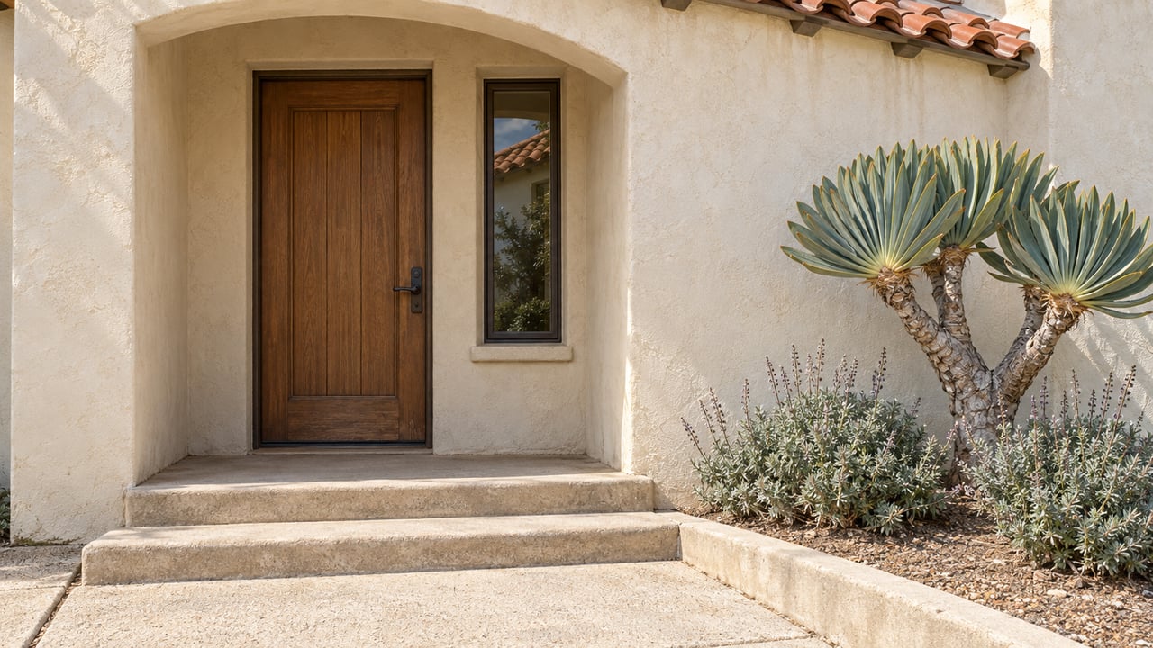 Cream stucco residential entry with an oak door, red clay tile eave, worn concrete steps, and a sculptural fan aloe in a raised planting bed.