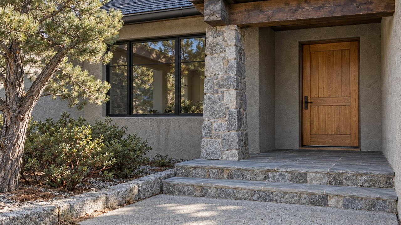 Winter morning light across a stucco home's granite entry pier, oak front door and flagstone steps beside pinyon pine and manzanita.