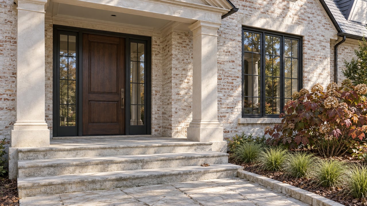 Limewashed brick entry with paired limestone columns, a walnut door, broad stone steps and burgundy oakleaf hydrangea.