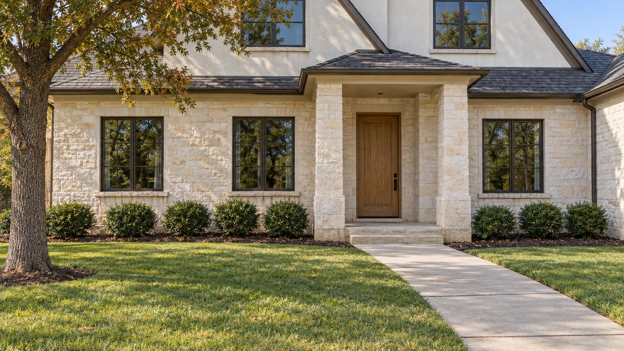 A limestone and cream stucco two-story home behind a broad lawn, with bronze-framed windows and a recessed oak entry in bright daylight.