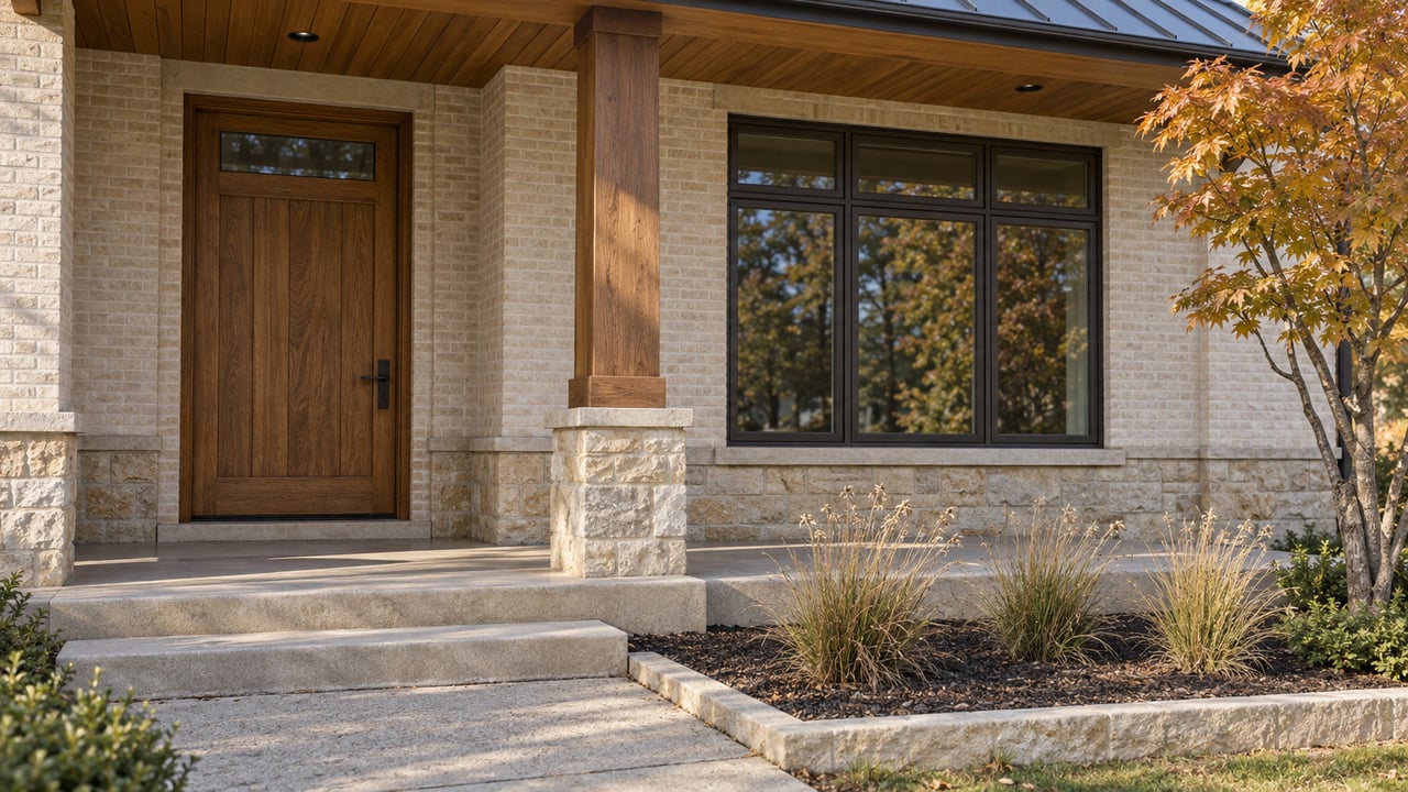 Covered oak entry beside cream brick and buff limestone, with concrete steps and amber maple leaves.